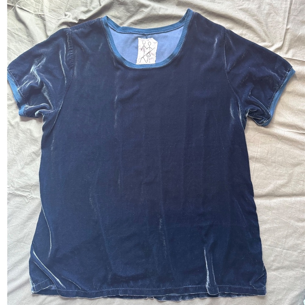 Pete &‎ Greta Johnny Was Navy Blue Silk Blend Velvet Short Sleeve T-Shirt Size L